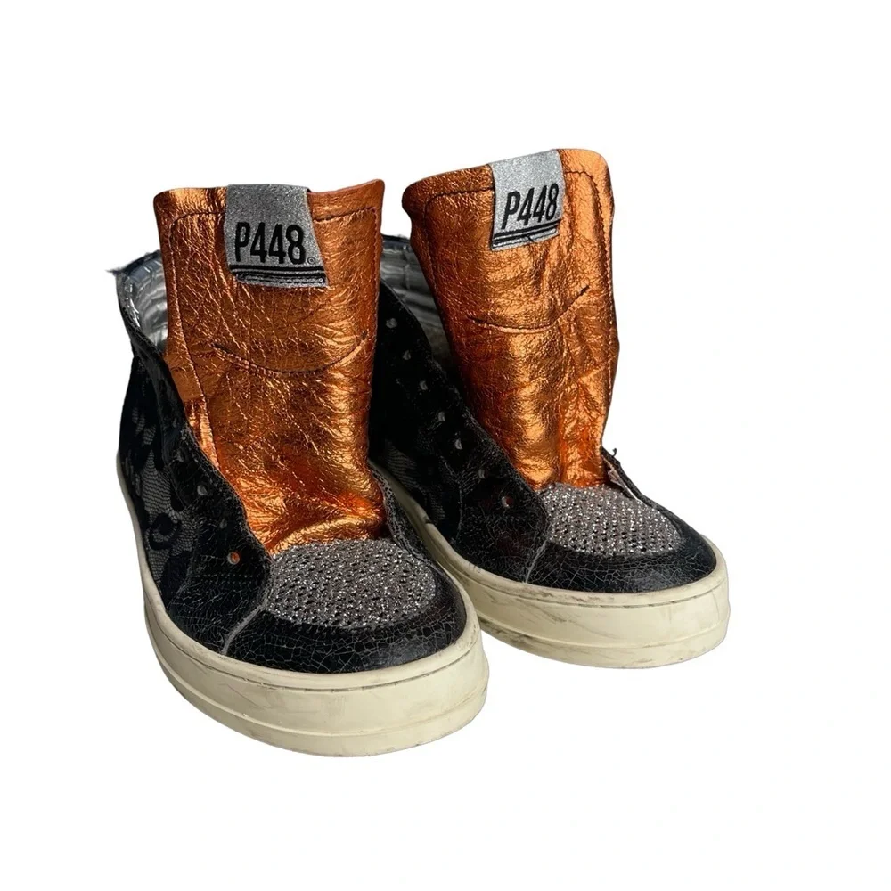 P448 high top sneakers glitter lace metallic Black silver orange  Sz 38 or 7.5/8